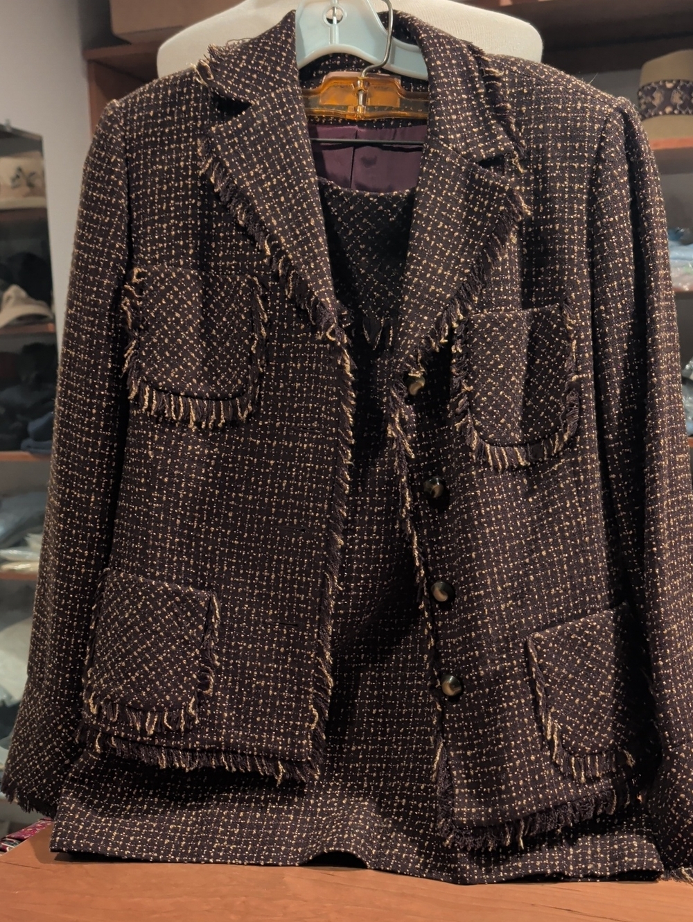 Bergamo Womens Tweed Fringe-Trim Jacket And Skirt Brown & Cream.